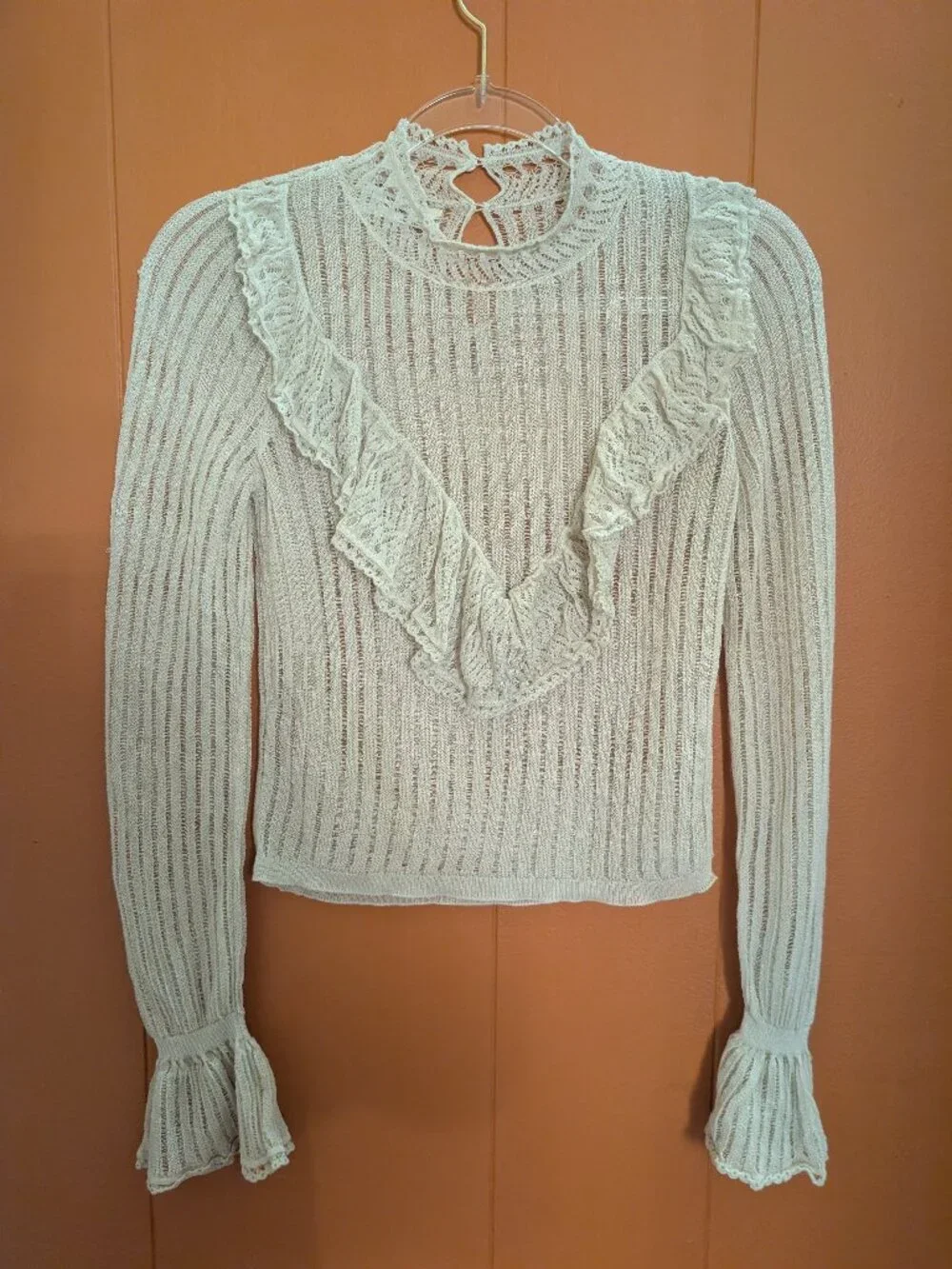 ANTHROPOLOGIE Ivory Sheer Knit Ruffle Blouse S Victorian Romantic Poet Sleeve